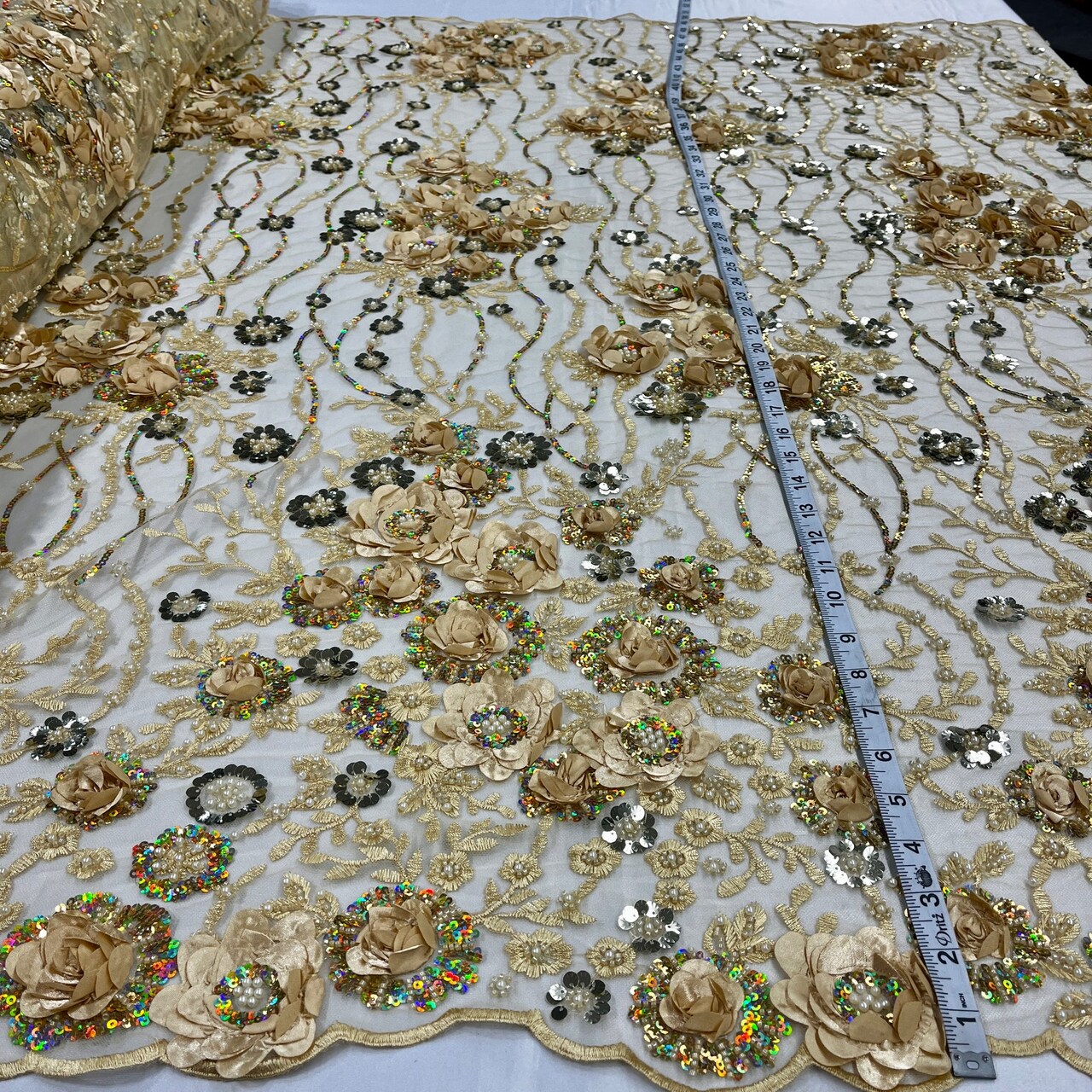 1 Yard Dazzling Yellow Beaded Sequined 3D Floral Lace Fabric on Net Mesh 52 inch Width